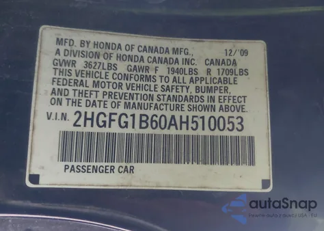 2010 Honda Civic Lx z USA, uszkodzony, nr VIN 2HGFG1B60AH510053